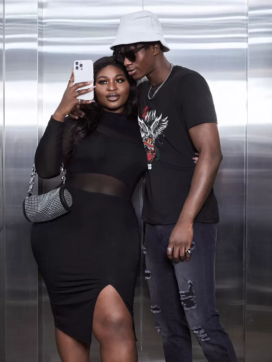 Slaydiva Plus 1 PC Mesh Insert High Split Bodycon Dress - Black - View 1