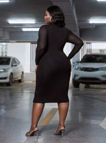 Slaydiva Plus 1 PC Mesh Insert High Split Bodycon Dress - Black - View 2