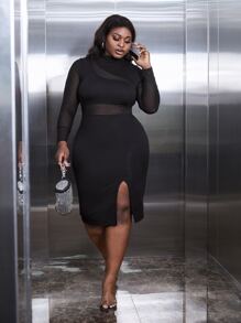 Slaydiva Plus 1 PC Mesh Insert High Split Bodycon Dress - Black - View 3
