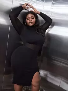 Slaydiva Plus 1 PC Mesh Insert High Split Bodycon Dress - Black - View 4