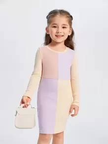 SHEIN Váy ôm cổ tròn sọc màu dài tay đơn giản cho bé gái - Nhiều màu - Xem 1