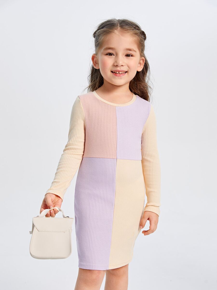 SHEIN Váy ôm cổ tròn sọc màu dài tay đơn giản cho bé gái - Nhiều màu - Xem 1