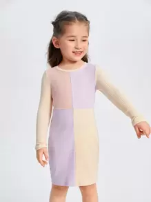SHEIN Váy ôm cổ tròn sọc màu dài tay đơn giản cho bé gái - Nhiều màu - Xem 3