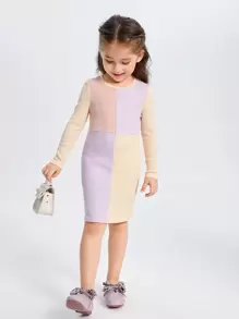 SHEIN Váy ôm cổ tròn sọc màu dài tay đơn giản cho bé gái - Nhiều màu - Xem 4