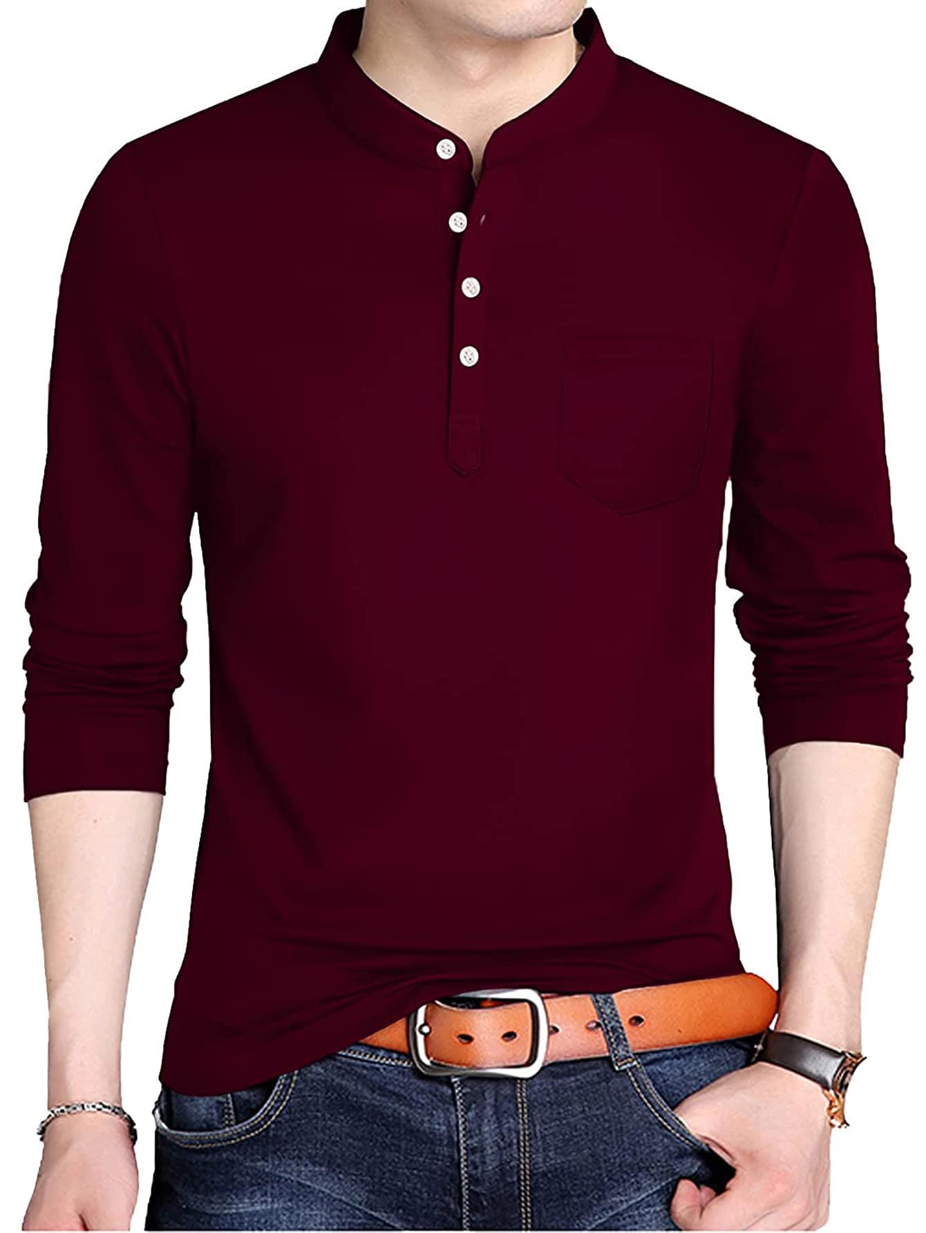 Hombres Camiseta con botón con parche con bolsillo - Granate - Ver 1