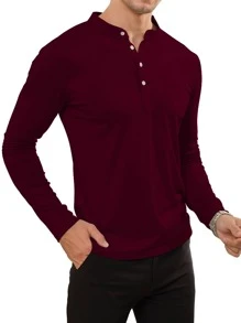 Hombres Camiseta con botón con parche con bolsillo - Granate - Ver 3