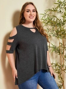 SHEIN Plus Keyhole Neck Cut Out High Low Hem Tee