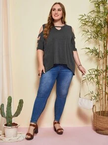 SHEIN Plus Keyhole Neck Cut Out High Low Hem Tee
