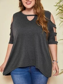 SHEIN Plus Keyhole Neck Cut Out High Low Hem Tee