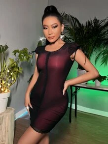 SHEIN SXY Puff Sleeve Bow Side Lace Trim Mesh Bodycon Dress - Burgundy - View 6