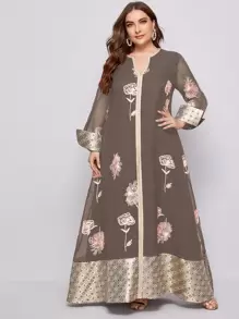 大碼幾何和花卉圖案缺口領拼接邊長連衣裙 - 摩卡棕 - 查看 1