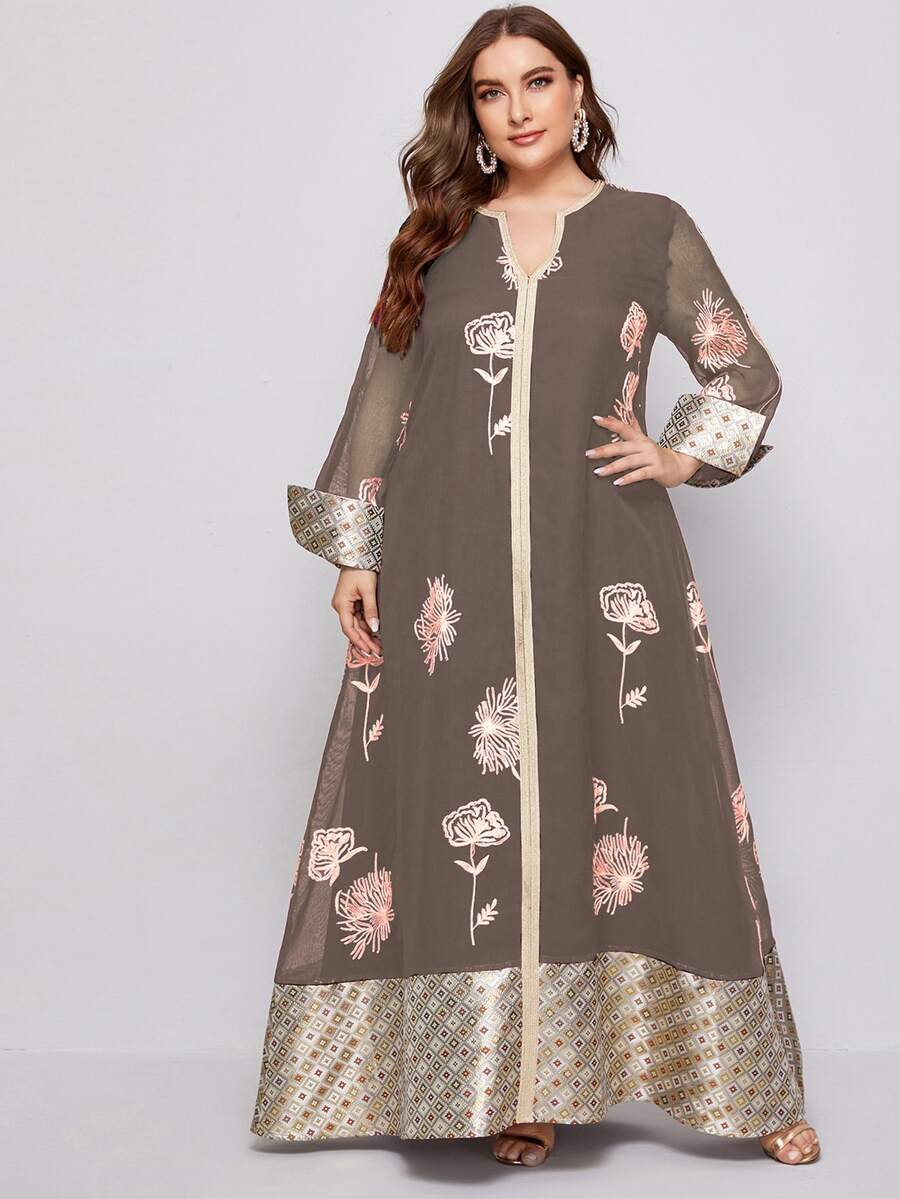 大碼幾何和花卉圖案缺口領拼接邊長連衣裙 - 摩卡棕 - 查看 1