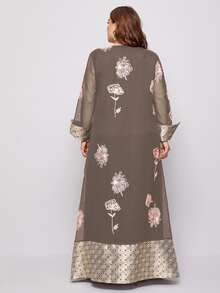 大碼幾何和花卉圖案缺口領拼接邊長連衣裙 - 摩卡棕 - 查看 2