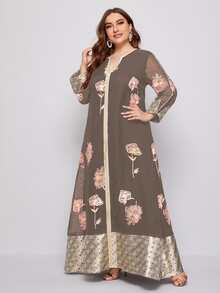 大碼幾何和花卉圖案缺口領拼接邊長連衣裙 - 摩卡棕 - 查看 3