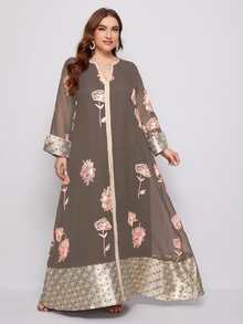 大碼幾何和花卉圖案缺口領拼接邊長連衣裙 - 摩卡棕 - 查看 4