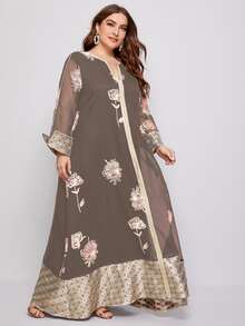 大碼幾何和花卉圖案缺口領拼接邊長連衣裙 - 摩卡棕 - 查看 5