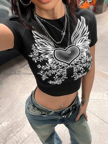 ROMWE PUNK Áo thun nữ Tim Giải trí - màu đen - Xem 1