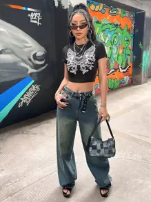 ROMWE PUNK Áo thun nữ Tim Giải trí - màu đen - Xem 3