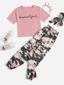 SHEIN 女孩字母圖案T恤和彈性腰帶迷彩印花束腳褲 - 彩色 - 查看 1