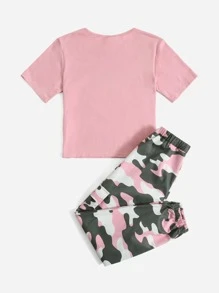 SHEIN 女孩字母圖案T恤和彈性腰帶迷彩印花束腳褲 - 彩色 - 查看 2