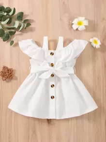 Bebé Vestido con cinturón de hombros descubiertos ribete con fruncido - Blanco - Ver 1