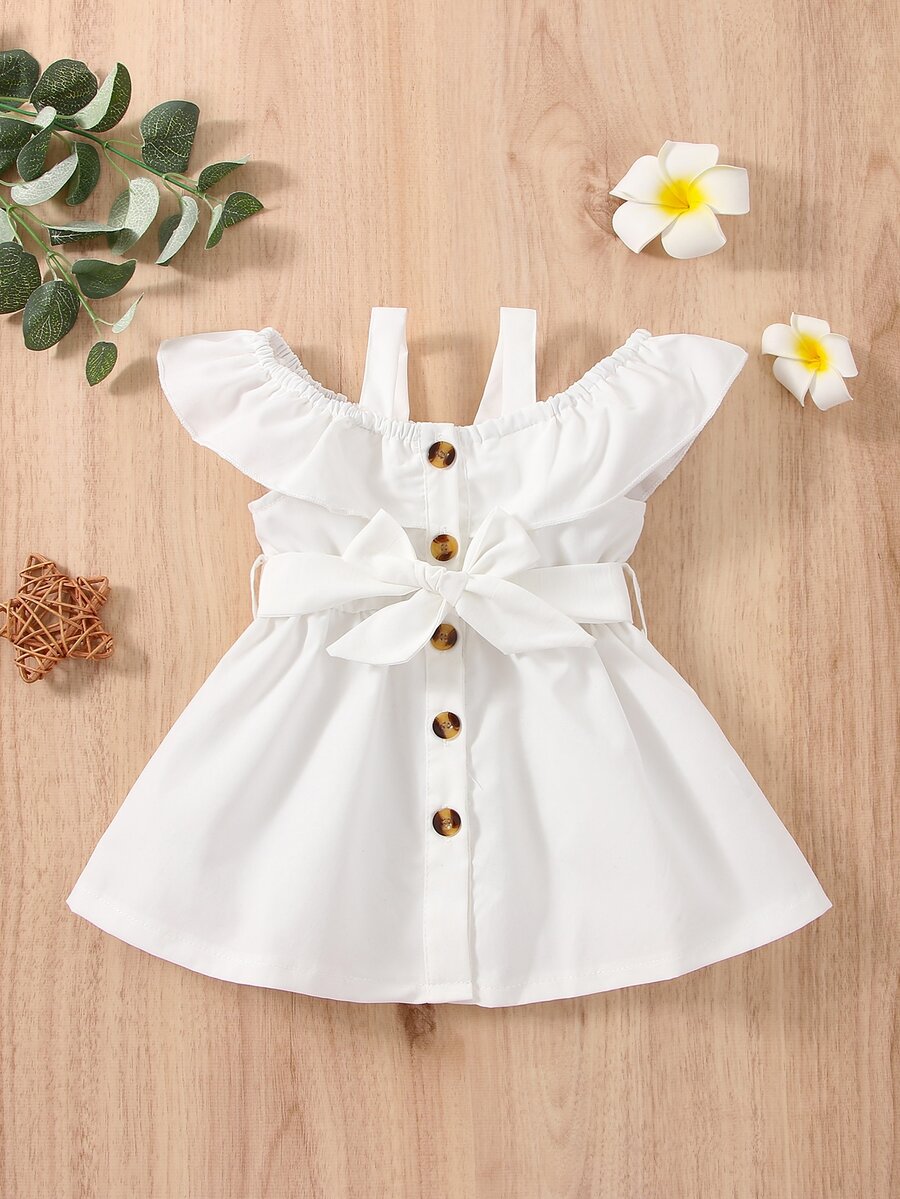Bebé Vestido con cinturón de hombros descubiertos ribete con fruncido - Blanco - Ver 1
