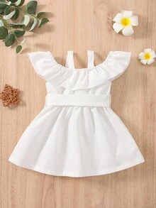 Bebé Vestido con cinturón de hombros descubiertos ribete con fruncido - Blanco - Ver 2