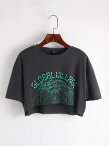 SHEIN Unity Áo thun nữ Đồ họa Lá thư Giải trí - Màu xám đen - Xem 1