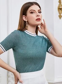 SHEIN Essnce Glitter Form Fitting Ringer Tee - Mint Green - View 1