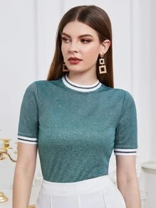 SHEIN Essnce Glitter Form Fitting Ringer Tee - Mint Green - View 5