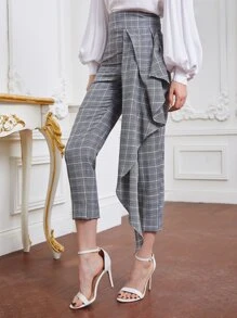Modelyn Plaid Print Side Draped Trousers - Grey - View 1