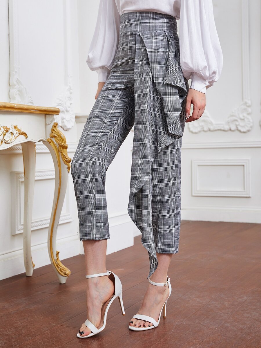 Modelyn Plaid Print Side Draped Trousers - Grey - View 1