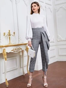 Modelyn Plaid Print Side Draped Trousers - Grey - View 3