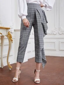 Modelyn Plaid Print Side Draped Trousers - Grey - View 4