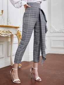 Modelyn Plaid Print Side Draped Trousers - Grey - View 5