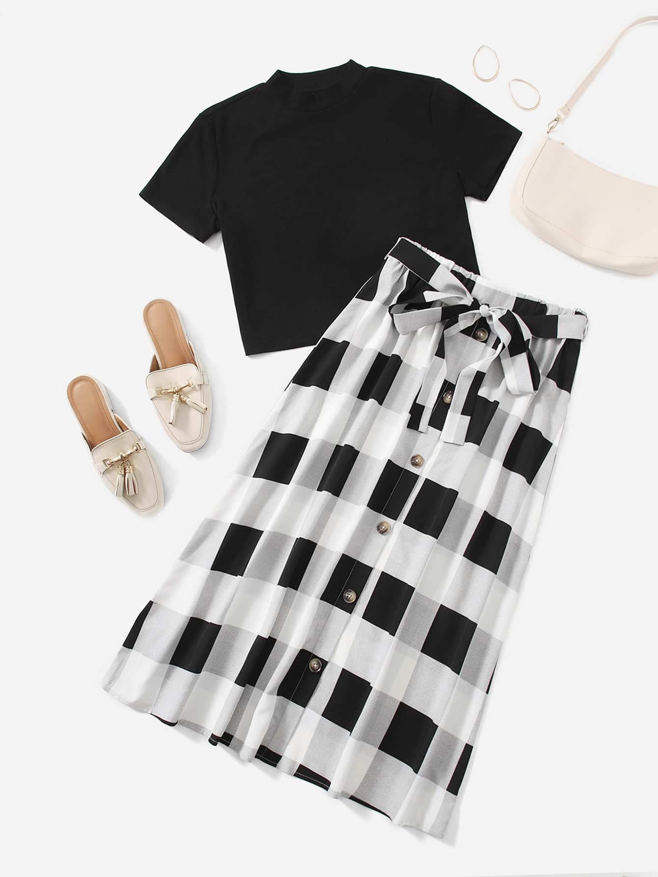 SHEIN LUNE Bộ đồ hai mảnh nữ Thắt lưng Nút phía trước Kẻ sọc Giải trí - Đen và trắng - Xem 1