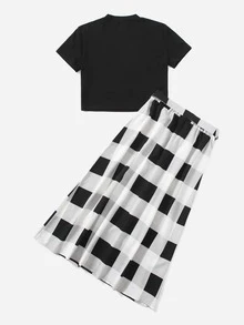 SHEIN LUNE Bộ đồ hai mảnh nữ Thắt lưng Nút phía trước Kẻ sọc Giải trí - Đen và trắng - Xem 2