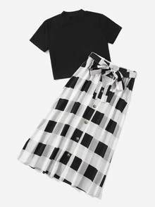 SHEIN LUNE Bộ đồ hai mảnh nữ Thắt lưng Nút phía trước Kẻ sọc Giải trí - Đen và trắng - Xem 4