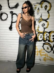 SHEIN ICON Áo hai dây Tương phản ren Gân đan màu trơn Giải trí - Màu nâu Sô-cô-la - Xem 3