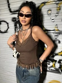 SHEIN ICON Áo hai dây Tương phản ren Gân đan màu trơn Giải trí - Màu nâu Sô-cô-la - Xem 5