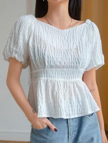DAZY Puff Sleeve Peplum Blouse - White - View 5