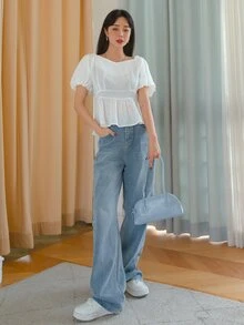 DAZY Puff Sleeve Peplum Blouse - White - View 6