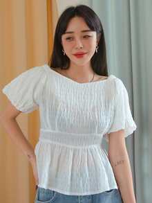 DAZY Puff Sleeve Peplum Blouse - White - View 7