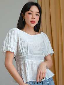 DAZY Puff Sleeve Peplum Blouse - White - View 3