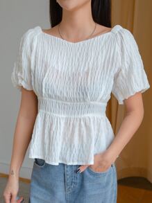 DAZY Puff Sleeve Peplum Blouse - White - View 1