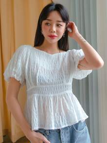 DAZY Puff Sleeve Peplum Blouse - White - View 4