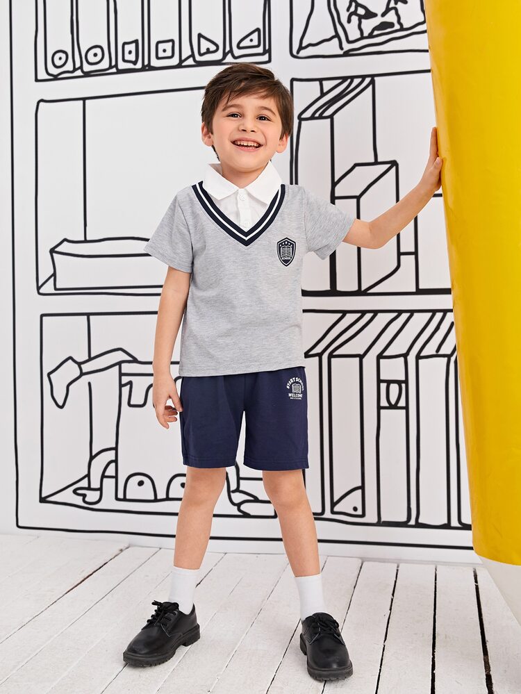 小男童字母和書籍印花假兩件POLO衫和短褲 - 彩色 - 查看 5