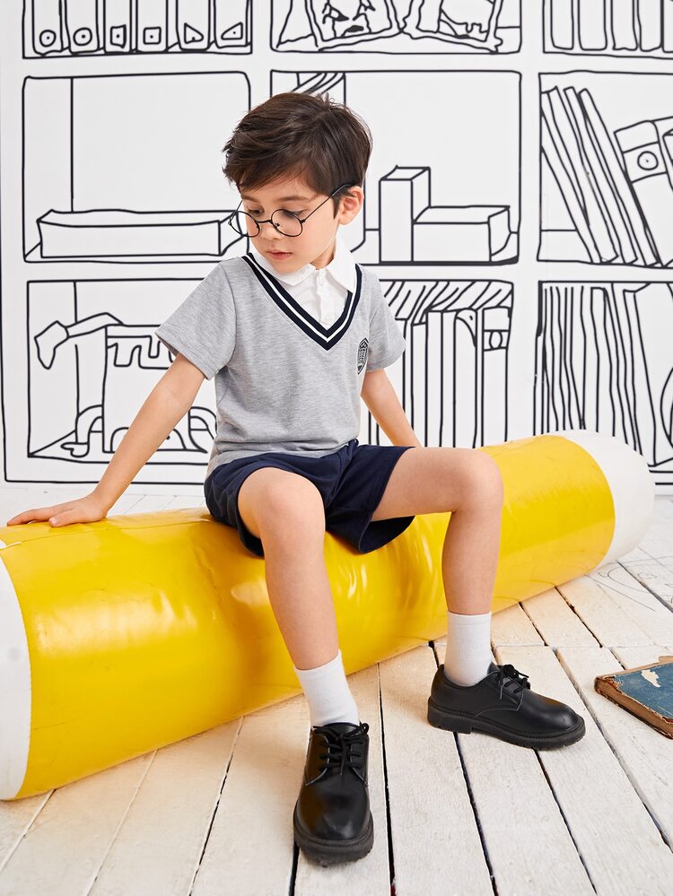 小男童字母和書籍印花假兩件POLO衫和短褲 - 彩色 - 查看 3