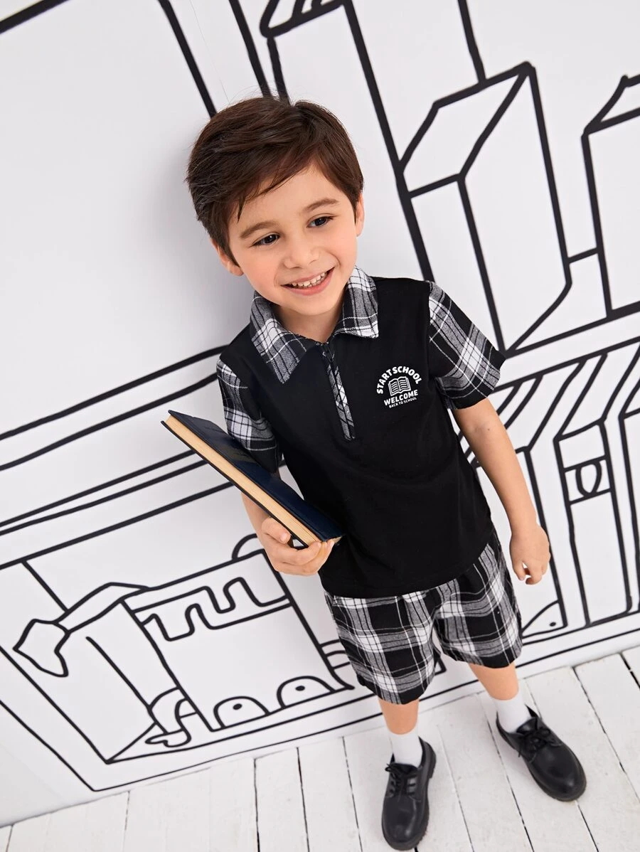 Toddler Boys Slogan & Plaid Print Polo Shirt