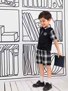 Toddler Boys Slogan & Plaid Print Polo Shirt